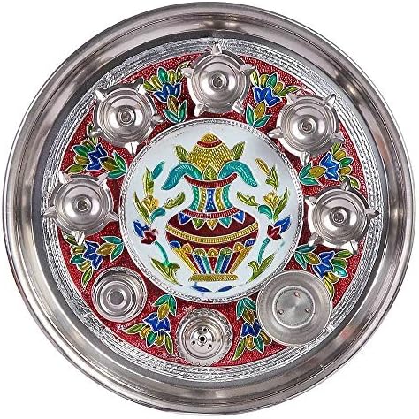 Stainless Steel Hindu Pooja Thali Set With Meenakari Print of Kalash with 5 diya bowl puja plate Gift Set --10.5 Inches / 27 Centimeter by YouLookHot Puja Thali