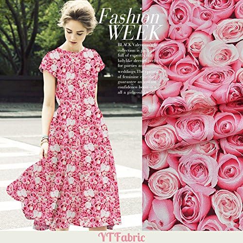 Rose Print Pink Stretch Silk Satin Fabric By The Yard