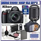 Nikon D3000 10MP Digital SLR Camera w/ 18-55mm AF-S DX VR Nikkor Zoom Lens & 55-200mm f/4-5.6G ED AF-S VR DX Autofocus Lens + Willoughby's 8GB SDHC Class 6 Travelers Bonus Pack #2