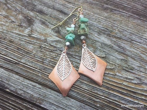 Turquoise Copper Dangles. Silver Laser Leaf Drop Earrings. Mixed Metal Jewelry. E-617