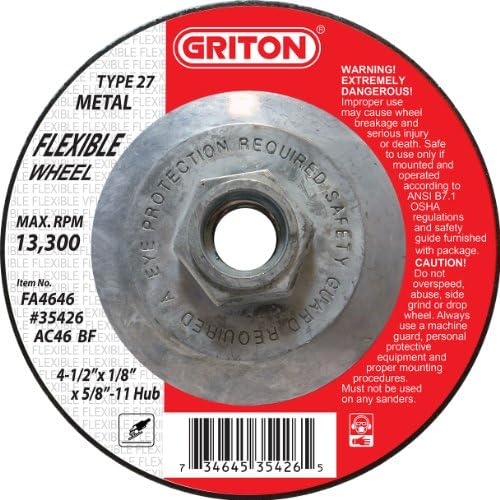 Griton FA4646 Type 27 Flexible Surface Preparation Wheel Used on Metal, Aluminum and Stainless Steel with Hub, Aluminum Oxide/Silicon Carbide, 13300 RPM, 4.5" Diameter (Pack of 10)