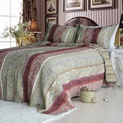 [Mysterious Totem] 100% Cotton 3PC Floral Vermicelli-Quilted Patchwork Quilt Set (King Size)