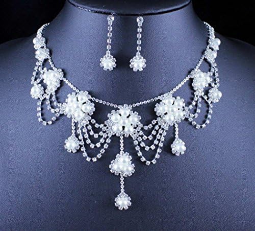 Romantic Pearl Austrian Rhinestone Necklace Earrings Set Wed Bridal Prom N11896