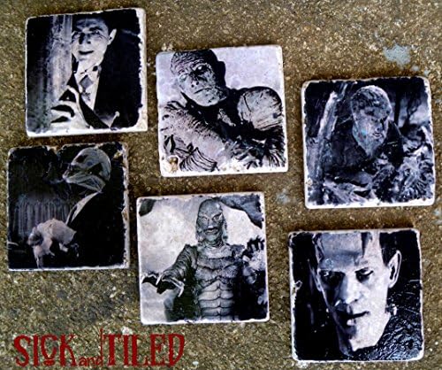 Classic Horror Tumbled Marble Coasters Set Of 6 Dracula Frankstein's Monster Wolfman
