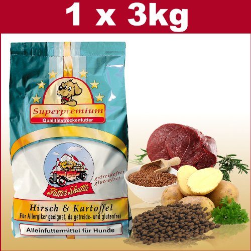 3 kg sehr hochwertiges Getreidefreies Hundefutter Trockenfutter mit Hirsch & der bekömmlichen Kartoffel. Beste Qualität