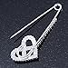 Rhodium Plated Clear Crystal Heart Safety Pin Brooch - 85mm L