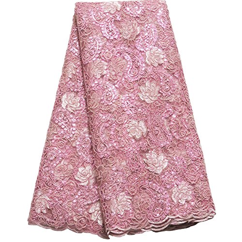 5 Yards 5 Yards African Swiss Voile Lace High Quality French Net Cloth Sequins Best Cotton African Lace Fabric for Women Dress (Pink)