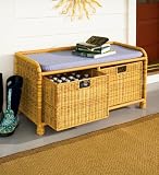Hand-Woven Resin Wicker Storage Bench with Pullout Drawers in Tan