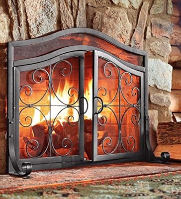 Small Crest Fireplace Screen With Doors, in Black
