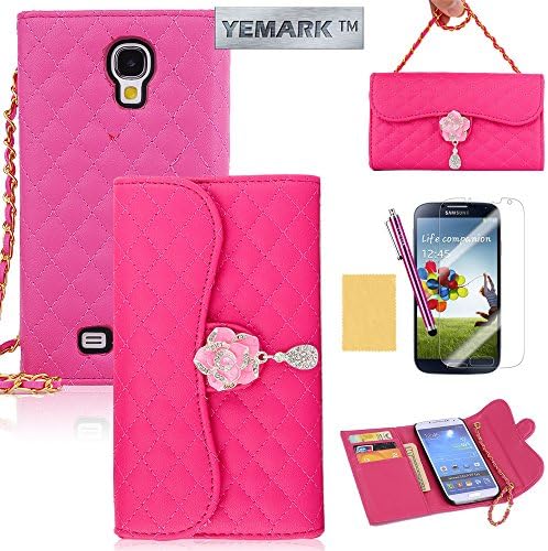 S4 Case, Galaxy S4 Case,YEMARK(TM) Luxury Diamond Camellia Pendant Quality PU Leather Handbag Purse Wallet Case Cover with Carrying Chain For Samsung Galaxy S4 i9500[Built-in Credit Card/ID Card Slots],[+Stylus+Screen Protector+Cleaning Cloth]-(Hot Pink), Samsung Galaxy S4 Case