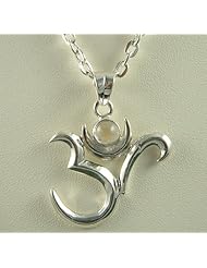 Thick 925 Sterling St Silver Stand Alone Om Ohm Aum Tibetan Buddhist Spiritual Buddha Enlightened One With Opalescent Labradorite Moonstone Stone Pendant