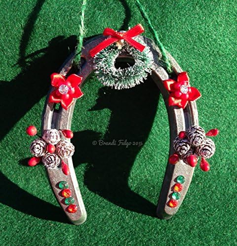 Handmade Authentic Horse Shoe Christmas Tree Ornament - Western - Mini Pinecones, Wreath, and Poinsettias