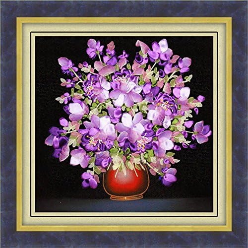 Ology(R)- 50x50cm 3D Silk Ribbon Purple Flower Cross Stitch Kit Embroidery DIY Handwork Home Decoration