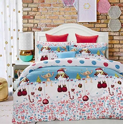 Andreannie ®King Size Bedding Sets Christmas Snowman and Animals Soft Sanding Brushed for Family Suitable for Autumn and Winter 100% Cotton Material 4pcs Duvet Cover Bed Sheet Pillowcase Without Comforter