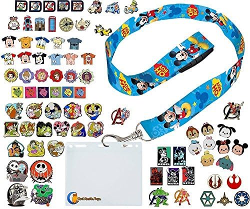 Disney Official Trading Pin Lot of 30 Lapel Collector Pins! No Duplication! Featuring A Random Disney Lanyard With Card Holder! Produced By Owl Castle Toys!