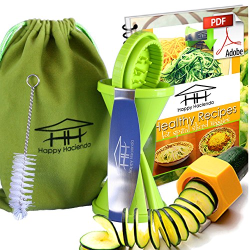 50% OFF Today Only! :: Happy Hacienda Spiralizer :: Best Spiral Slicer :: FREE BONUS Recipe Ebook, Velvet Storage Pouch, Cleaning Brush, and BONUS Cucumber Slicer :: Julienne Vegetable Slicer Is Perfect for Low Carb, Gluten Free, Paleo Diets :: Money Back Guarantee!