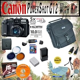 Canon PowerShot G12 10MP Digital Camera with Ultimate Accessory Kit Package Includes 3 Piece HD Filter Kit, 16Gb High Speed Error Free Memory Card, Case, Extra Battery Pack + 1 Hour AC/DC Battery Charger + More
