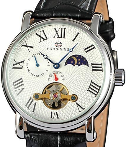 Men's Skeleton Watch Auto-wind with Black Leather Band Sun and Moon Display