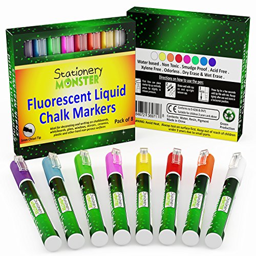StationeryMonster Fluorescent Liquid Chalk Markers, 8 Vibrant Colors with Quality 3mm Chisel Tip Non Toxic, Kids-Safe, Odorless StationeryMonster Fluorescent Liquid Chalk Markers, 8 Vibrant Colors with Quality 3mm Chisel Tip Non Toxic, Kids-Safe, Odorless