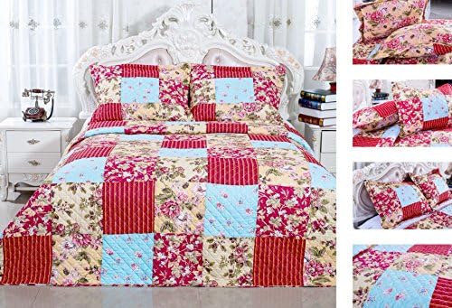 100% Cotton Vermicelli Quilt set, 200count Patchwork Cotton Pieced ,Prewashed, Preshrunk. Highend Fill and Cover As Coverlet,Extra Soft. Full/Queen 3pcs Set.