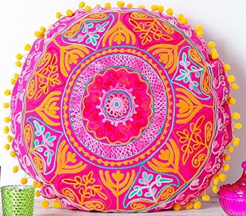 Round Embroidered Pink Cotton Suzani Indian Cushion Cover. 18 Inch Diameter
