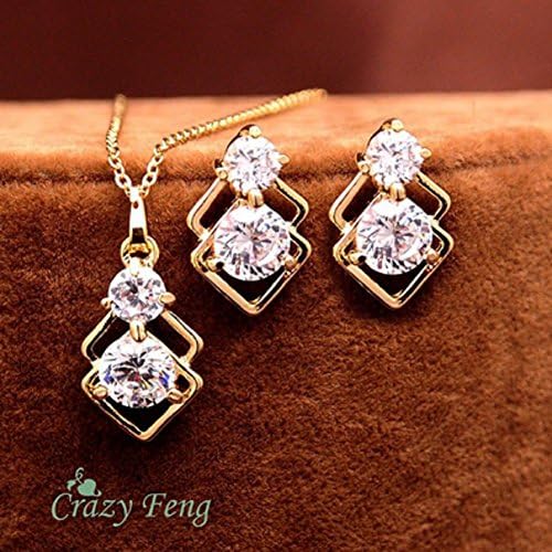 Design Women's/girl's 18k Yellow Gold Filled Diamond Necklace + Earrings Wedding Jewelry Sets