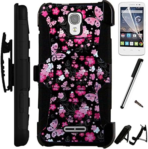 For Alcatel Fierce 4 Case / Alcatel Pop 4 Plus Case / Alcatel Allura Case Armor Hybrid Silicone Phone Cover Kick Stand LuxGuard Holster Combo Pack (Pink Butterfly/Black)