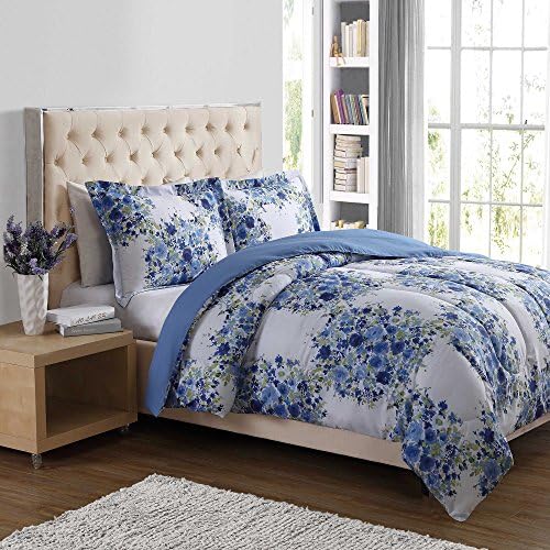Floral Blue Flowers Pristine White 3-Piece Comforter Set, Full/Queen, in White