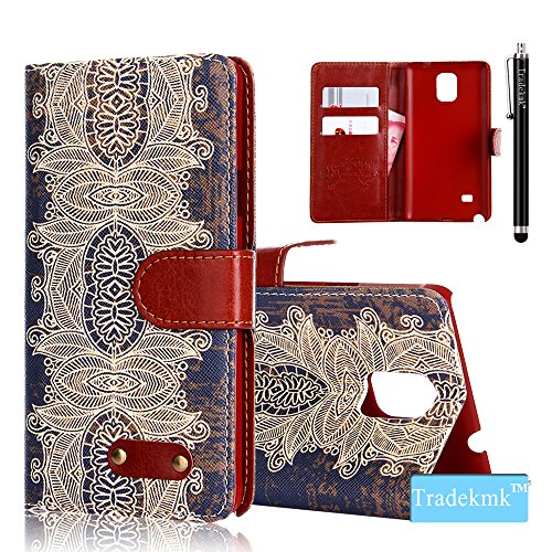 Galaxy Note 4 Case, Tradekmk(TM) Vintage Style Brand New Fashion Cool High Quality PU Leather Folio Magnet Stand Wallet Durable Case Cover [Deep Blue Skin Unique Pattern Design] Compatible with Samsung Galaxy Note 4[+Stylus]