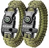 A2S Paracord Bracelet K2-Peak Series - High Quality Survival Gear Kit with Embedded Compass, Fire Starter, Emergency Knife & Whistle - Pack of 2 - Slim Buckle Design Hiking Gear (Green / Green 8.5