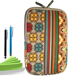 ColorYourLife Bundle of Bohemian Style Canvas Fabric Sleeve Case Bag Cover for Kindle Fire NOT for Kindle Fire HD7 with 2 Stylus Pens and Microfiber Cleaning Cloths (Colorful Bohemian pattern, 7 inch)