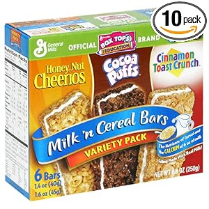 Milk 'N Cereal Bars, Variety Pack with Honey Nut Cheerios, Cocoa Puffs, and Cinnamon Toast Crunch, 6-Count Boxes (Pack of 10)