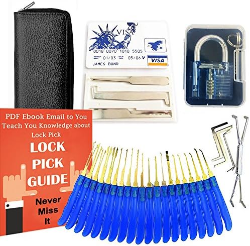Youngnis Transparent Cutaway Practice Padlock + 24-Piece Stainless Steel Hook Lock Pick Set with PU Leather Storage Bag + 5pcs Credit Card Hardware Multitools with Card Case