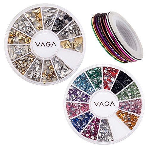 VAGA Nail Art Decorations Set of Wheels With 3D Golden And Silver Metal Studs In 12 Different Shapes, 2400 Crystals in 12 And 10 Rolls of Colorful Striping Tapes/Nailart Strips By VAGA