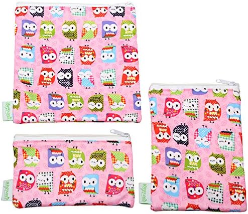 Wegreeco Premium Reusable Snack Bags - Set of 3 - Reusable Sandwich Bags (Pink Owl)