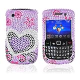 FOR BLACKBERRY CURVE 8520 BLING CASE PURPLE BLAK HEARTS