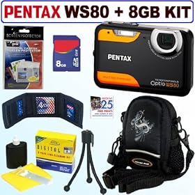 Pentax Optio WS80 10MP Waterproof Digital Camera (Black and Orange) + 8GB Accessory Kit