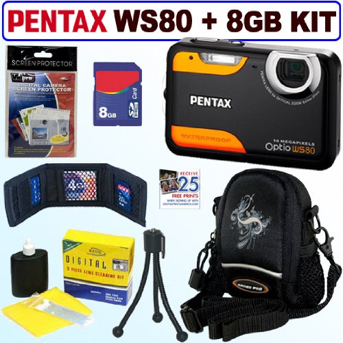 Pentax Optio WS80 10MP Waterproof Digital Camera Black and Orange + 8GB Accessory Kit