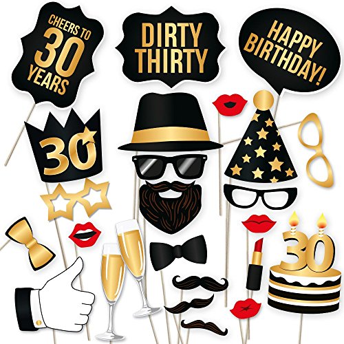30th Birthday Party Photo Booth Props Kit – Includes 25 DIY Black and Gold Props on a Stick for His or Her 30th Birthday Celebration Photo Booths