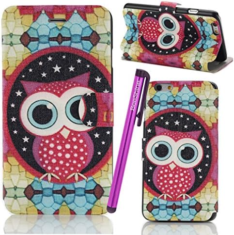 BeeShine Retail Package Leather Flip Stand iPhone 6 4.7" Wallet Case Flap Pouch Cover Skin for Apple iPhone 6 4.7 inch + Screen Protector & Touch Stylus Pen (Cute Big Eye Owl Style)