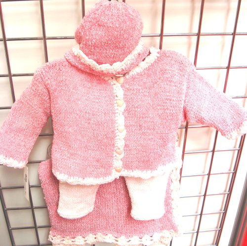 Hand Knitted Crochet Finished Baby Raspberry Chenille Baby Pink Trim Cardigan Pant Hat Set with Matching Large Blanket Size 31