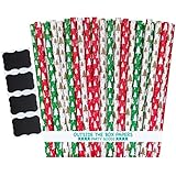 Outside the Box Papers Red, Green and White Christmas Tree Paper Straws Holiday Christmas Party Supply - 7.75 Inches- 75 Pack Plus 4 Chalkboard Labels