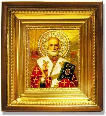 Beautiful St. Nicholas Icon Framed with Glass 10 1/2"x9 1/2". Catholic Saint Nicholas Patron Saint of Bakers, Brewers, Brides, Babies, Children, Merchants, Pawnbrokers, Travelers, Barrel Makers, Boys, Girls, Dock Workers, Druggists, Pharmacists, Fishermen, Grooms, Judges, Law Suits Lost Unjustly, Murderers, Newlyweds, Old Maids, Parish Clerk, Paupers, Perfumeries, Pilgrims, Poor People, Prisoners, Robberies, Sailors, Scholars, Schoolchildren, Shoe Shiners, Spinsters, Students, Thieves, Travelers, Unmarried Girls.