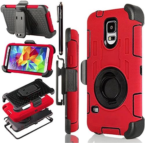Galaxy S5 Case, S5 Case, Seaplays Shockproof Hybrid Rugged Samsung Galaxy S5 Case Rubber Three Layer Holster Cover Case for Samsung Galaxy S5 with Built-in Rotating Stand and Belt Swivel Clip (Red)