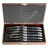 Laguiole - 6 STEAK KNIVES in HEAVY 25/10 stainless steel - exotic BLACK WOODEN handle (micro-serrated blade - very sharp - ideal steak knife !)