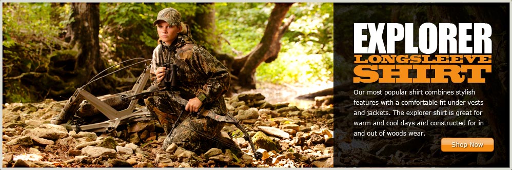 Woman Hunting in Woods Wearing the Russell Outdoors Explorer Long Sleeve Shirt