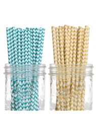 Dress My Cupcake 50-Pack Vintage Paper Straws, Chevron, Aqua/Yellow