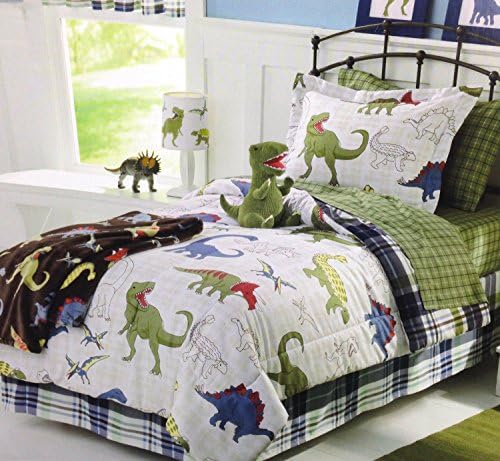 Blue, Green &amp; White Dinosaurs Boys Full Comforter Set (7 Piece Bed In A Bag) + HOMEMADE WAX MELT ...