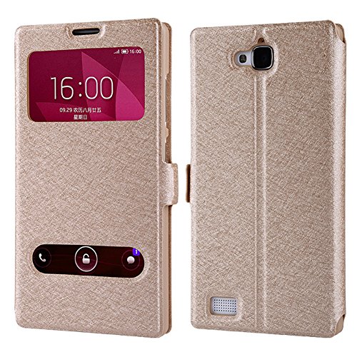 Ueasy Elegant Ultra-Thin Window Leather Case for the Huawei Honor 3C with Stand Function For Huawei Honor 3C Protective Cover Case Stand Case (Champagne)