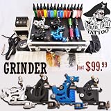 GRINDER Tattoo Kit 4 Machine Guns Power Supplies / 15 INK / LCD Power Supply / 50 Needles / PLUS Accessories
